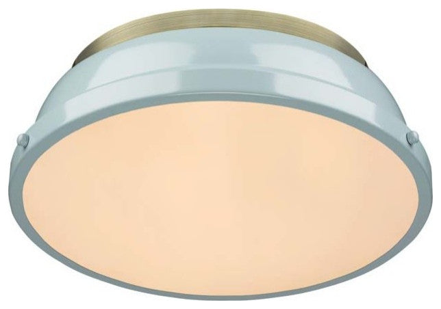 Golden Duncan 2 Light Flush Mount, Aged Brass, Seafoam Shade