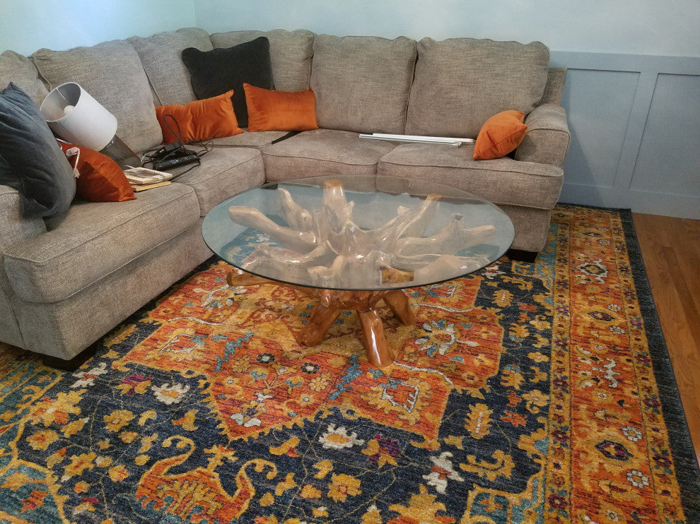 Rustic Teak Wood Root Round Coffee Table Including 43 Inch Glass Top