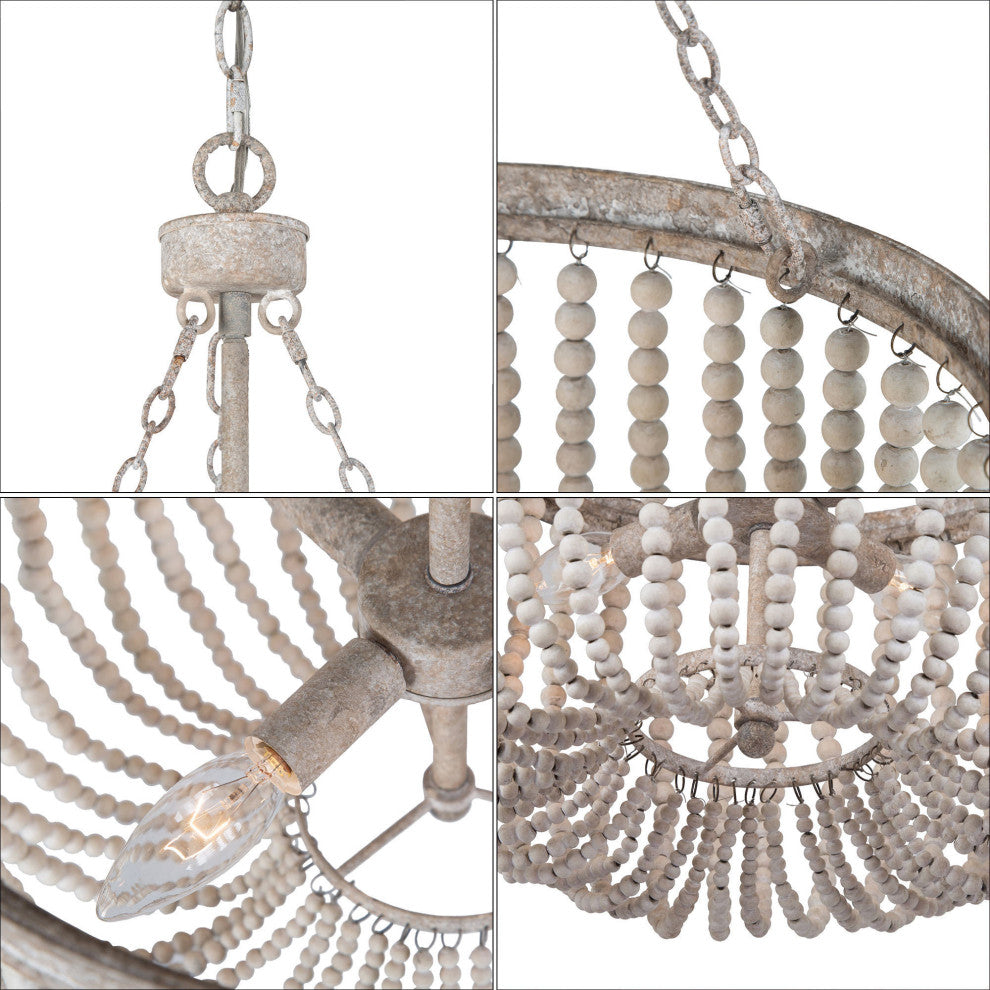 Wood Beaded Chandelier 4-light Drum Basket Ceiling Light