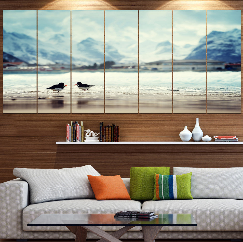 Birds and Mountain Peak, Seashore Wall Art on Canvas, 83"x32", 7 Panels