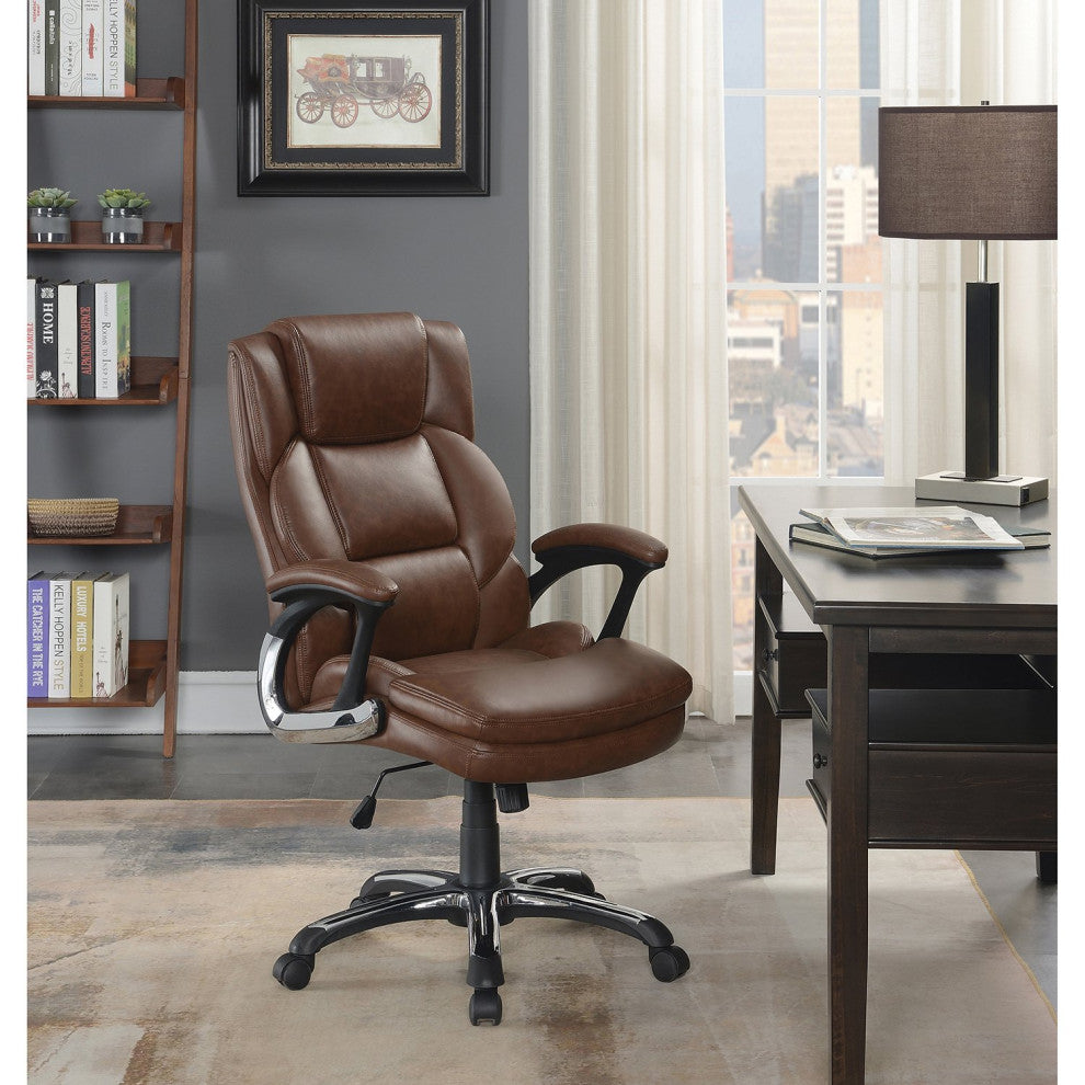 Modern Office Chair, PU Upholstered Seat With Comfortable Pillowed Top, Brown