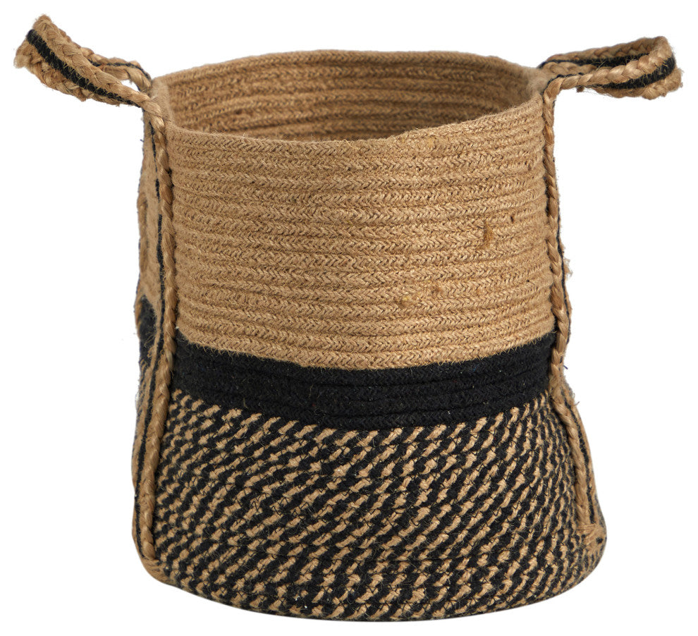 13" Boho Chic Basket Natural Jute Basket Planter, Black Bottom With Handles