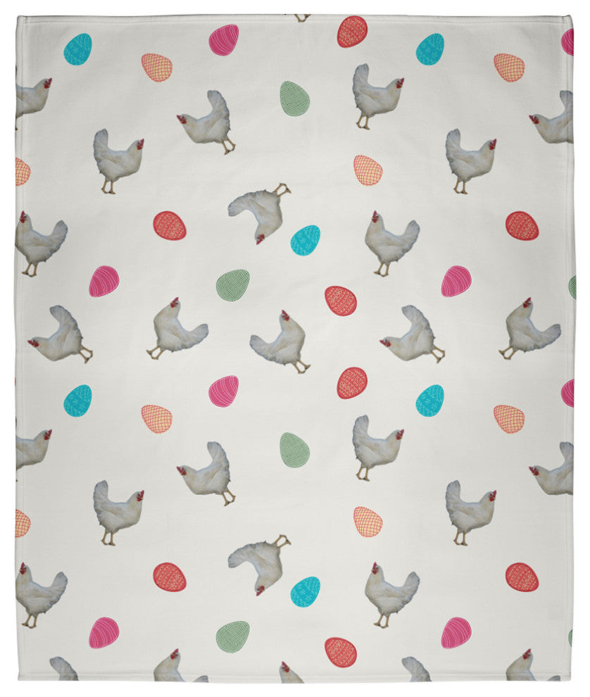 60 x 80 in Chickens and Eggs Easter Throw Blanket, Whisper White