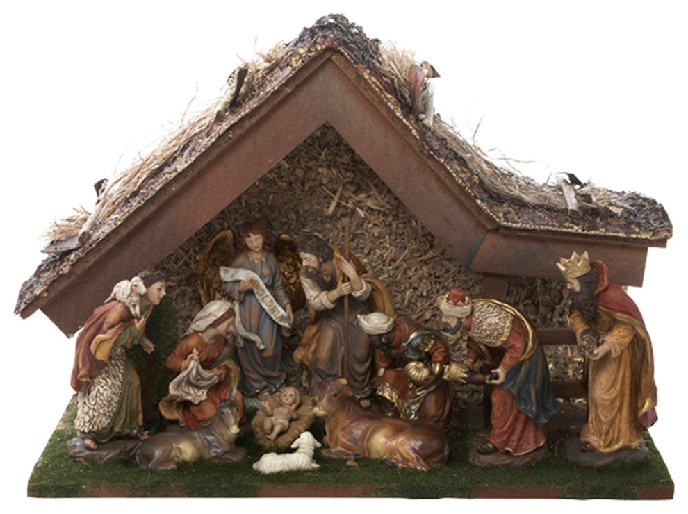 12" Nativity Set With Stable and 10 Figures