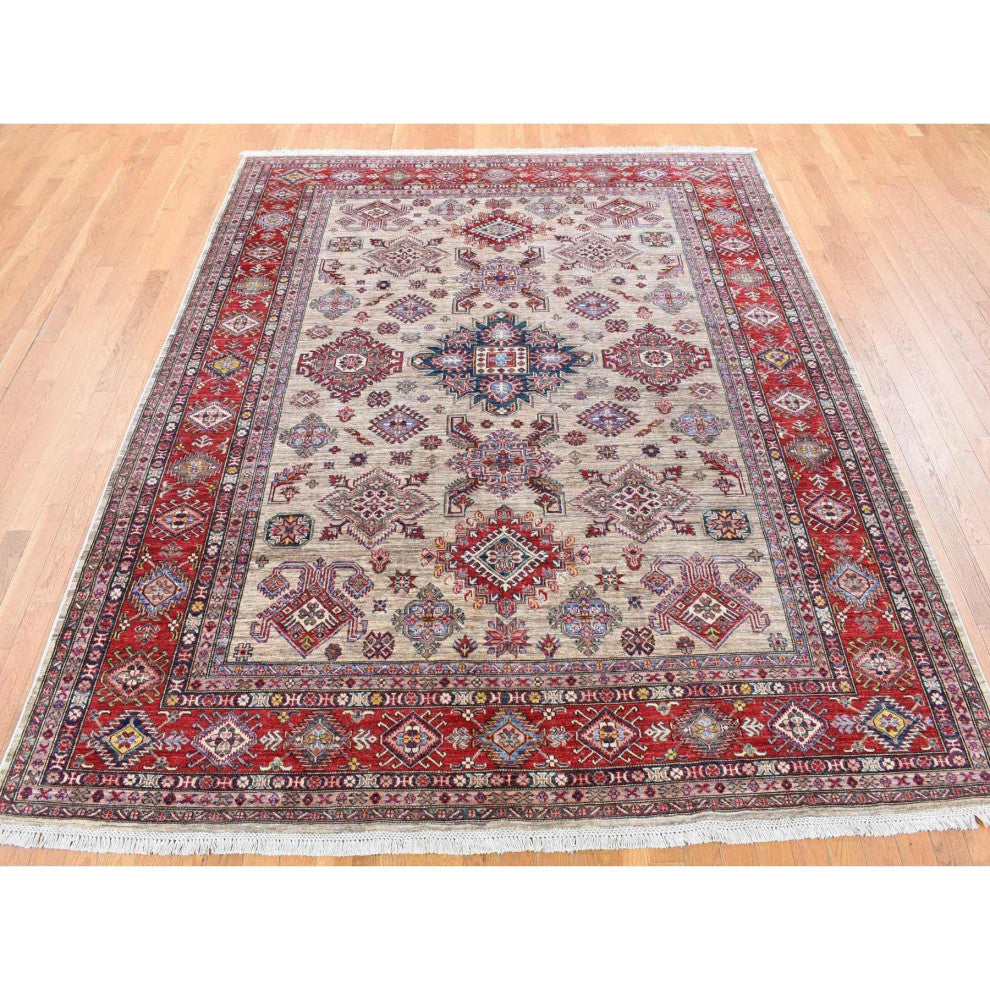 Camel Color Afghan Geometric Super Kazak Shiny Wool Hand Knotted Rug, 8'4"x10'2"