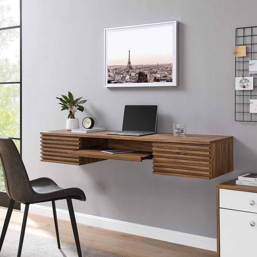 Computer Work Desk, Walnut, Wood, Modern, Mid Century Home Business Office