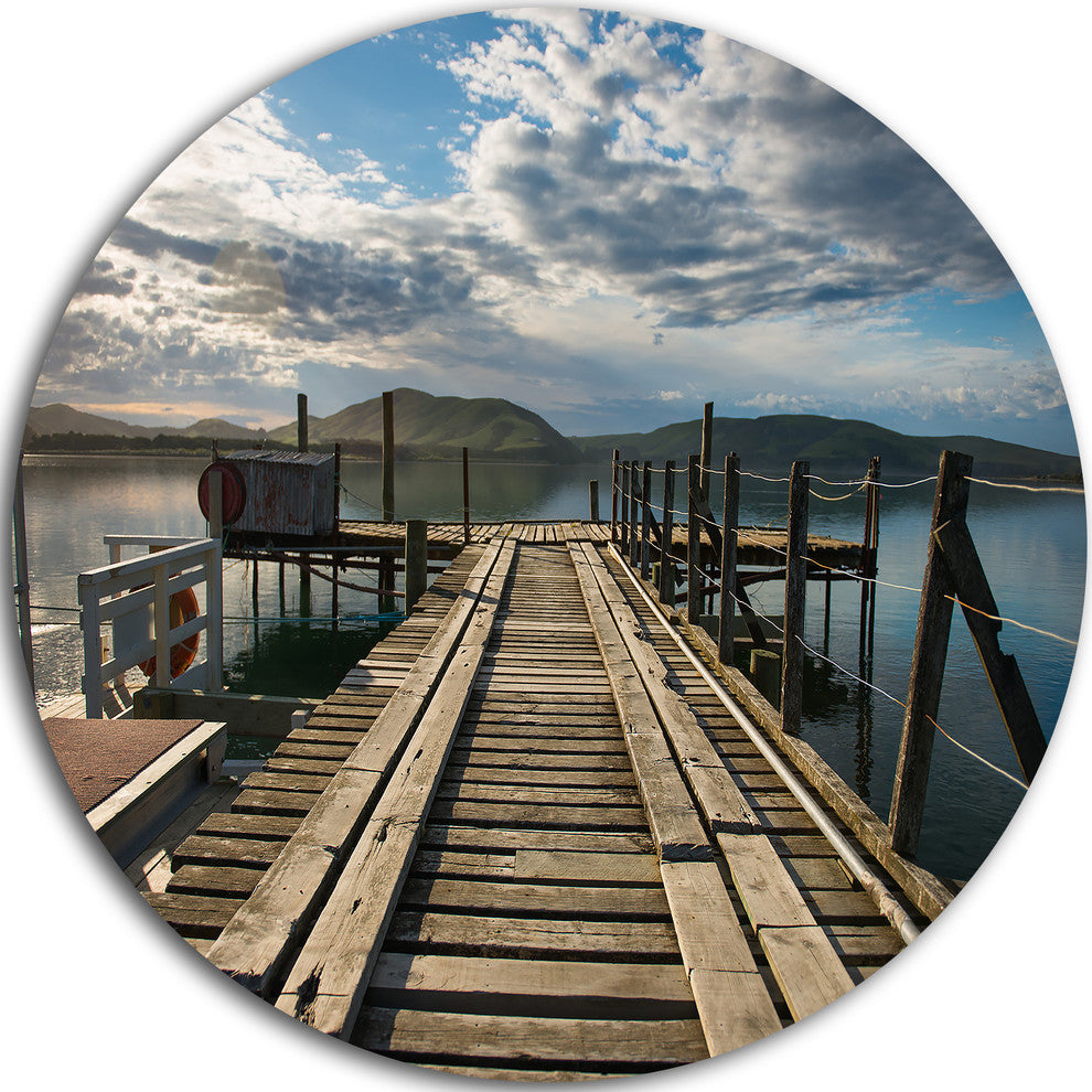 Wooden Bridge In New Zealand, Sea Bridge Round Metal Wall Art, 36"