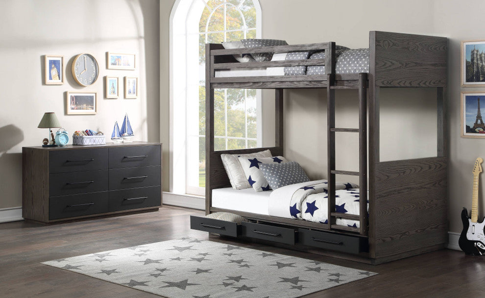 ACME Estevon Twin/Twin Bunk Bed, Gray Oak Finish