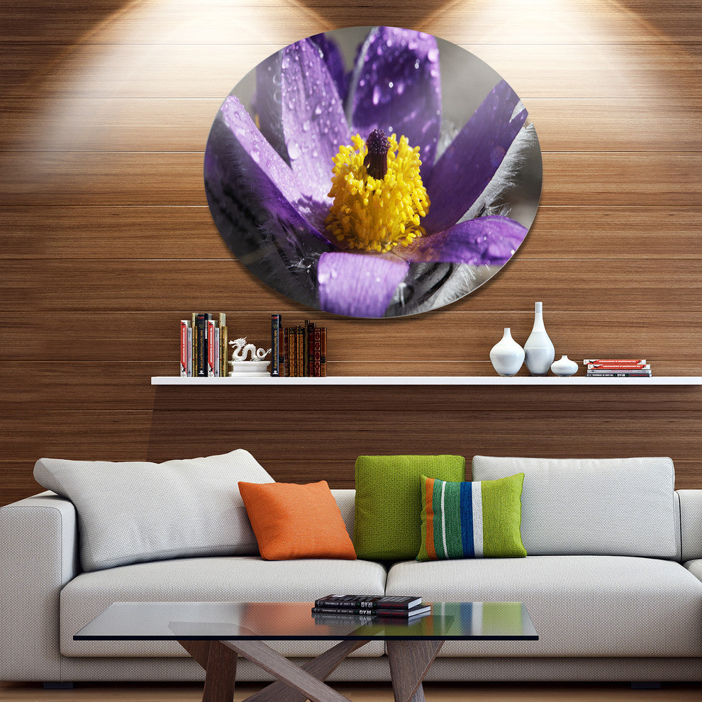 Purple Flower With Yellow Stigma, Floral Large Disc Metal Wall Art, 11"