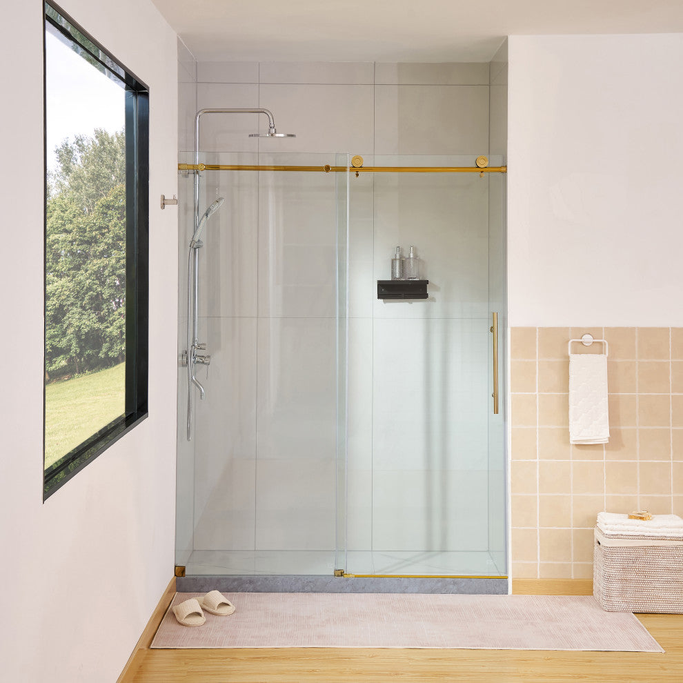 56"“60"Wx76" Frameless Sliding Shower Door With Clear Glass, Titanium Gold