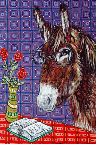 "Donkey Reading" Painting Print on Wrapped Canvas, 16"x24"