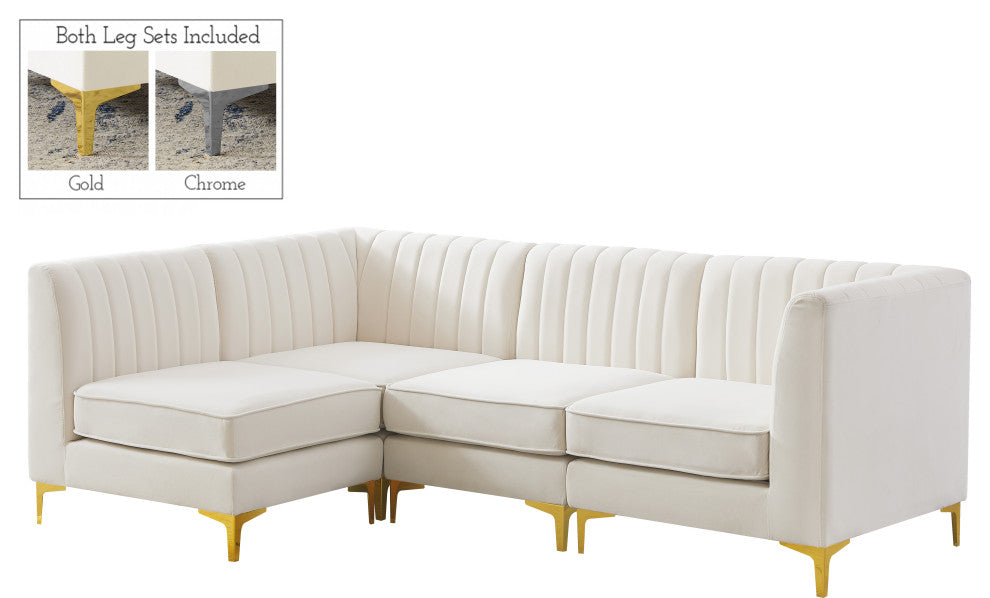 Alina Velvet Modular L-Shaped Modular Sectional, Cream, 4-Piece: 2 Armless Chair, 2 Corner Chair