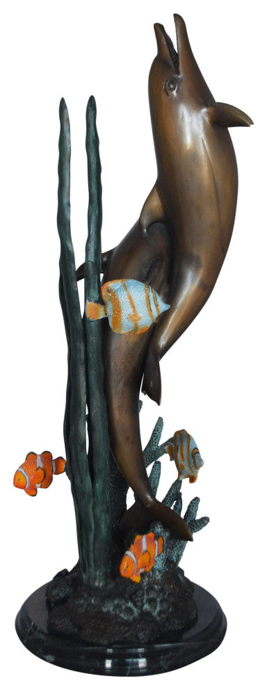 Two dolphins with fish, table top bronze statue. -  Size: 8"L x 8"W x 22"H.