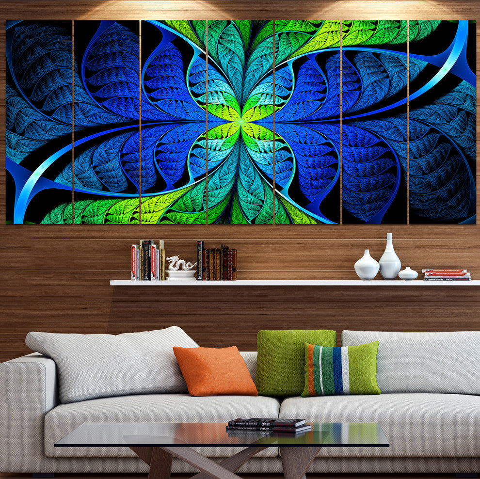 Blue Green Fractal Stained Glass, Abstract Canvas Art Print, 83"x32", 7 Panels
