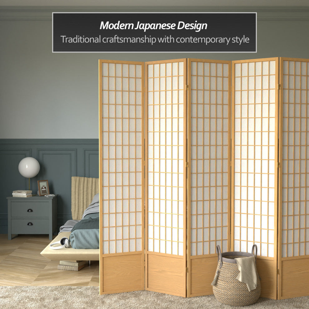 7' Tall Window Pane Shoji Screen, Natural, 5 Panels