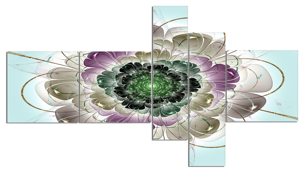 Dark Blue Fractal Flower Pattern, Abstract Wall Art Canvas, 60"x32", 5 panels