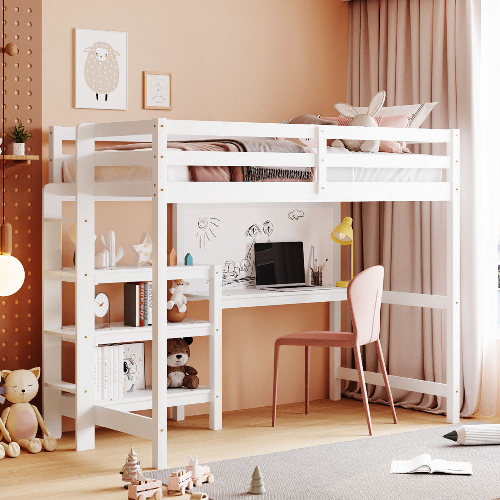 Gewnee Twin Size Wooden Loft Bed with Shelves in White