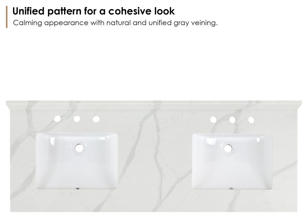 Arbios Quartz Stone Vanity Top in Calacatta White, Calacatta White, 60", 8 Inch Widespread