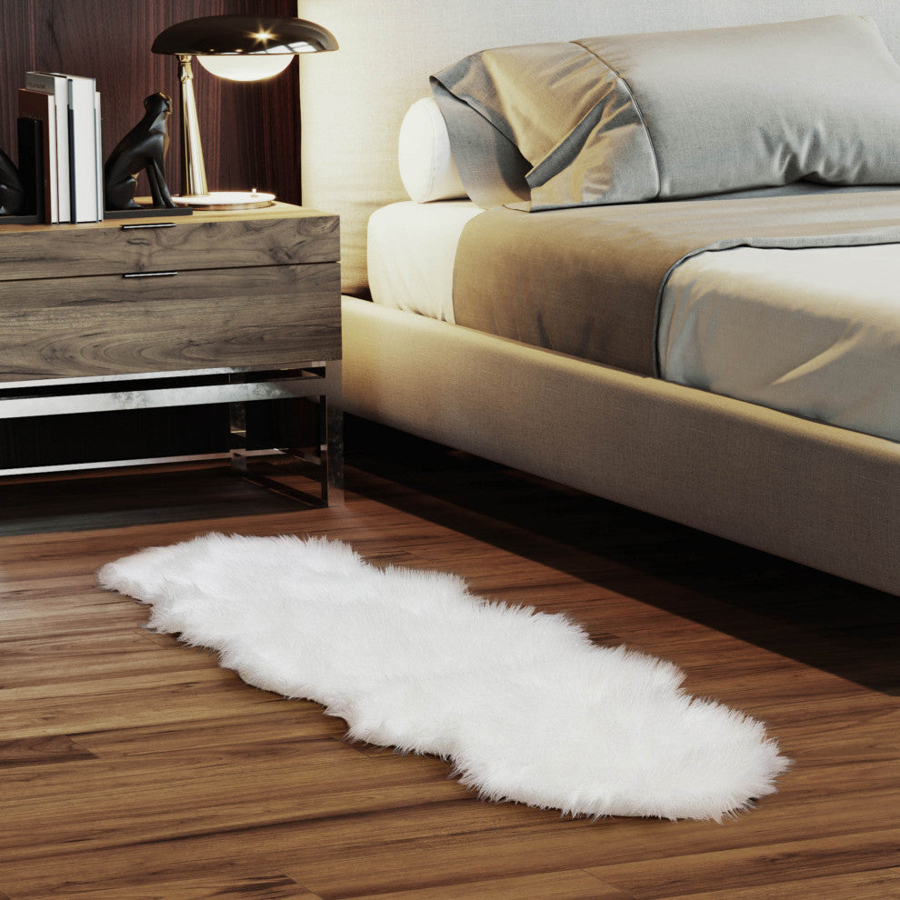 Plush and Soft Faux Sheepskin Fur Shag Area Rug, White, 2' X 6' Shaped