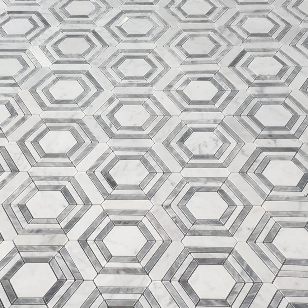 Carrara White Bardiglio Marble Hexagon Georama Geometric Tile Polished, 1 sheet
