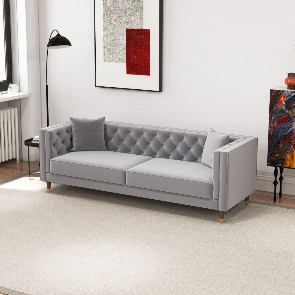 Lewis Mid-Century Modern Luxury Tufted Velvet Sofa, Light Grey