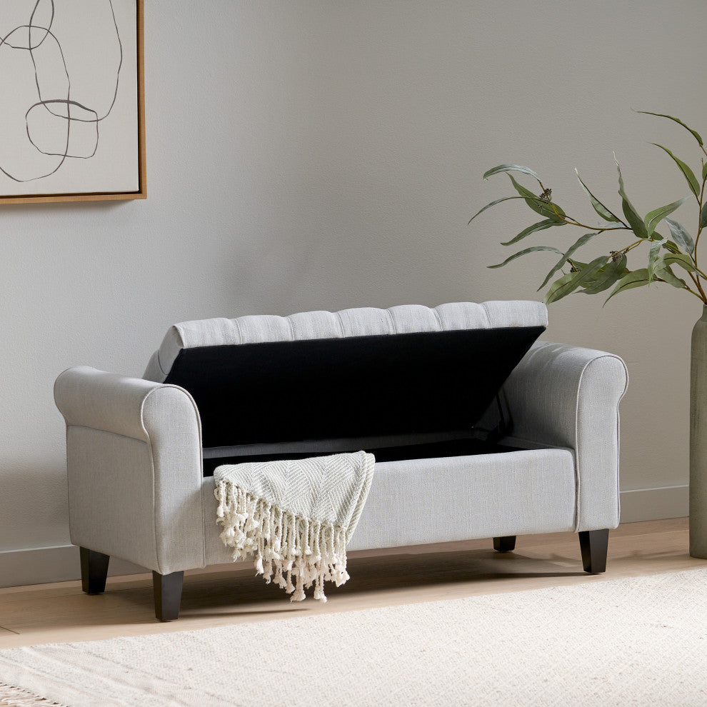 GDF Studio Keiko Contemporary Rolled Arm Storage Ottoman Bench, Light Gray/Gray