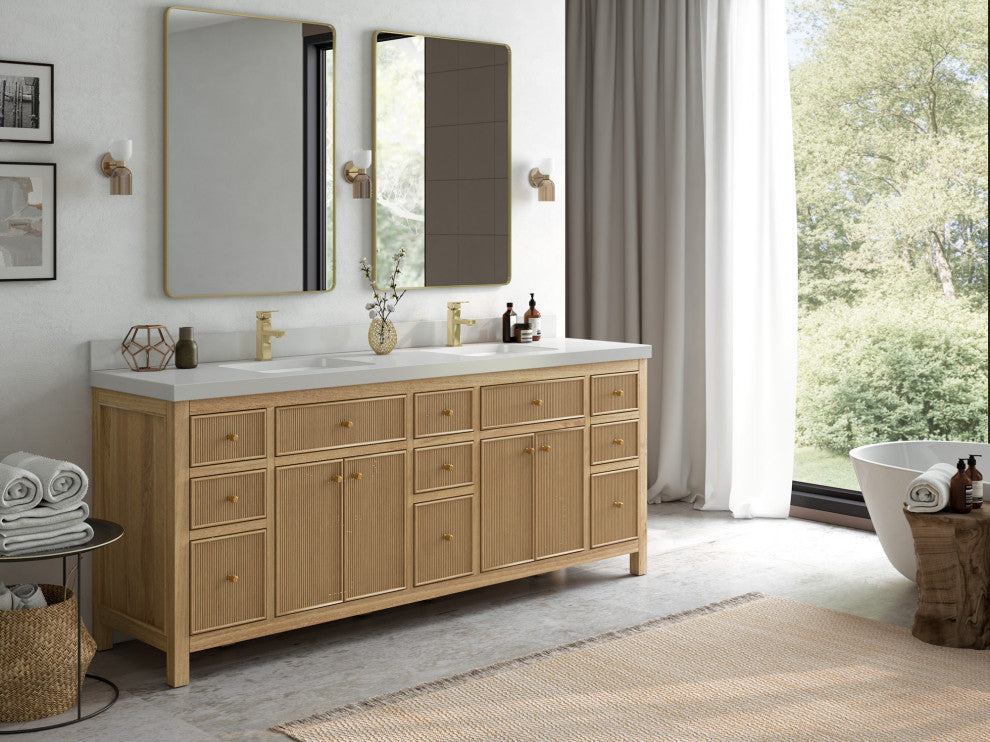 Sonoma 84 Double Sink Bath Vanity in Light Natural Teak with 2" Carrara Marble