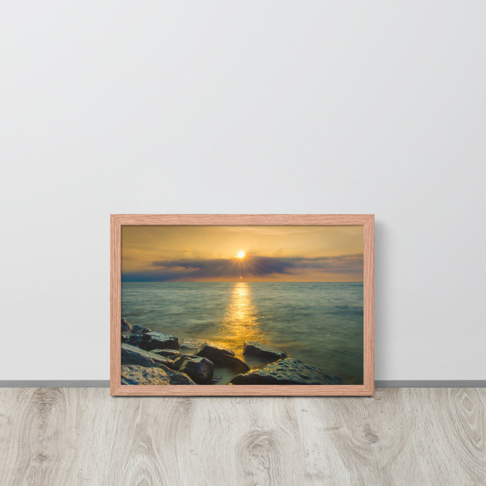 Sun Ray on the Water Coastal Landscape Framed Photo Paper Wall Art Print, Red Oak, 12" X 18"