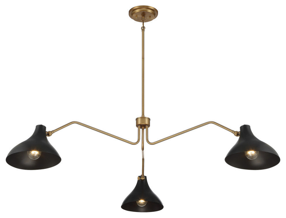 3-Light Pendant, Matte Black With Natural Brass