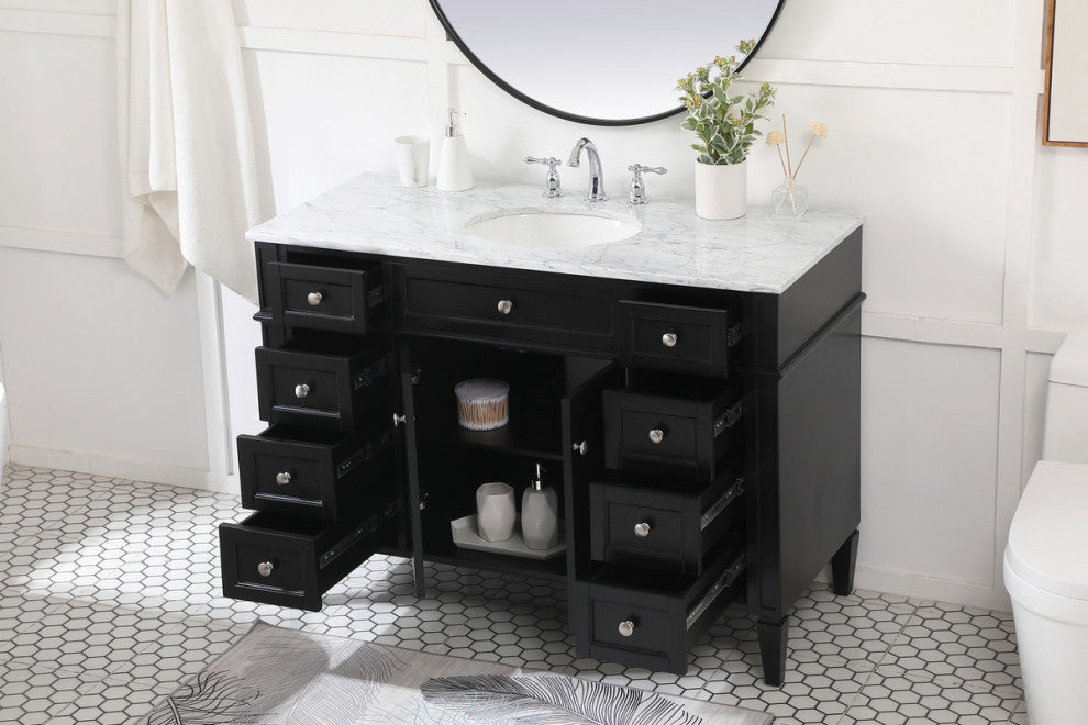 Home Living Vanity with Carrara White Marble Countertop, Black, 48", Single Sink