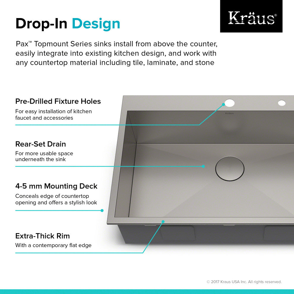 Kraus KP1TS33S-2 Pax™ 33"� Single Bowl Stainless Steel Drop-In Kitchen Sink