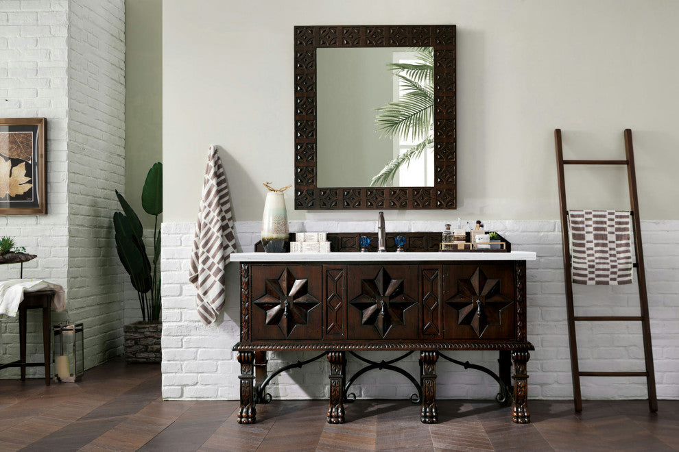 Balmoral 60" Antique Walnut Single Vanity, 3 Cm Arctic Fall Solid Surface Top