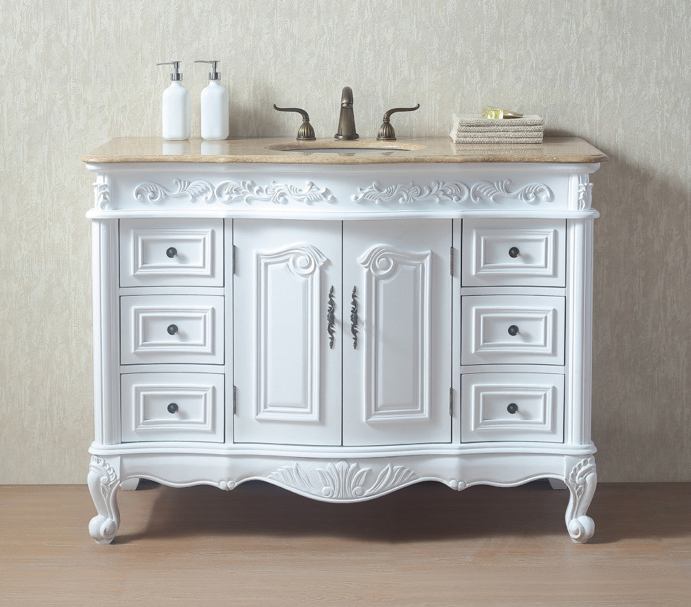 Cassandra 48" Single Sink Bathroom Vanity, White Cabinet, Travertine Marble Top