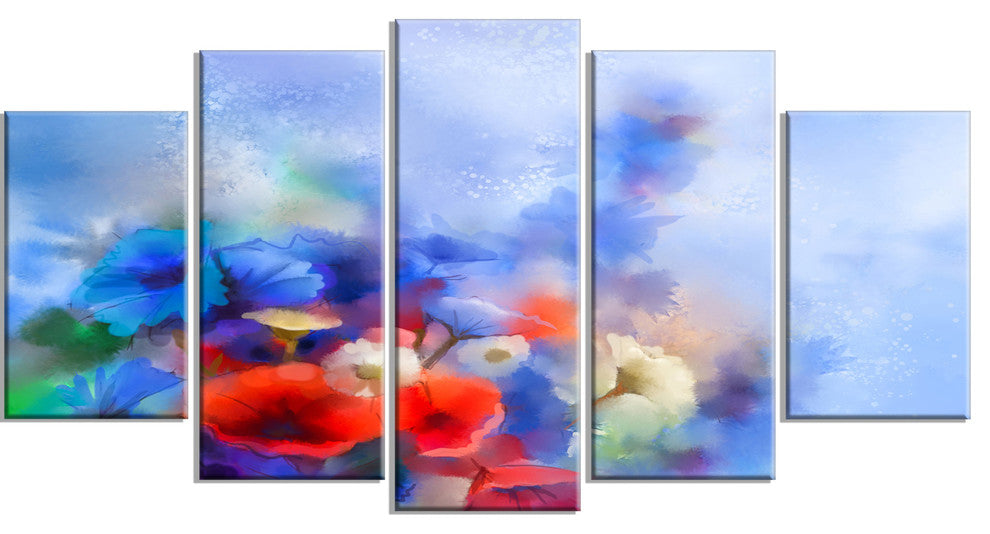 Blue Corn Flowers and Red Poppies, Floral Canvas Art Print, 60"x32", 5 Panels