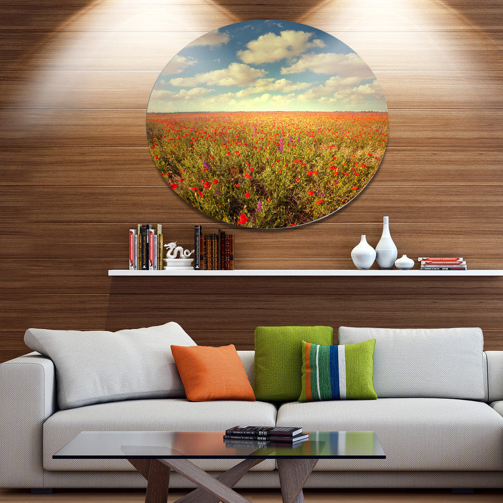 Poppy Filed Under Bright Sky, Floral Disc Metal Artwork, 23"