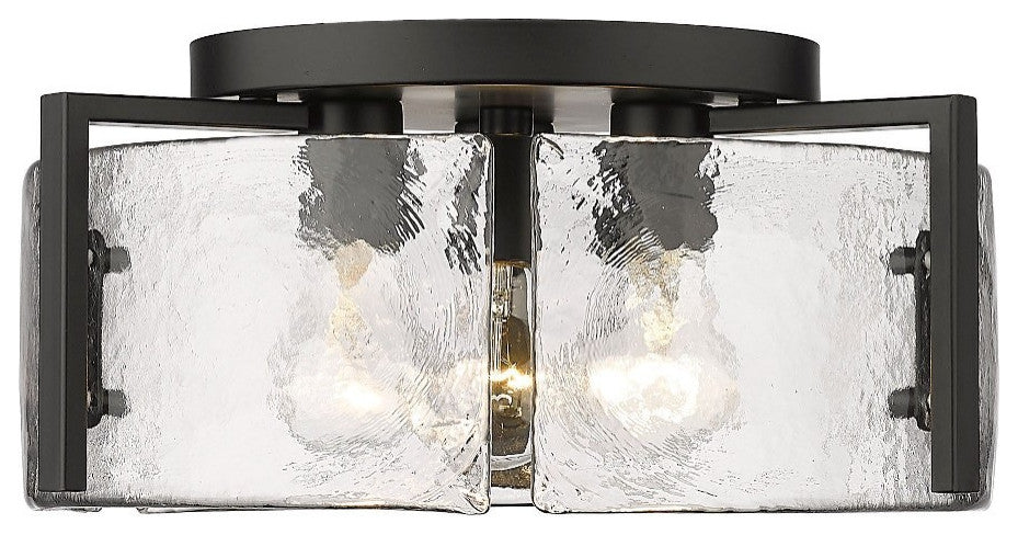 Modern 3-Light Flush Mount Matte Black Steel Arms Hammered Water Glass Panels