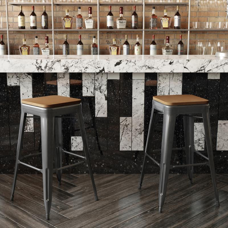 Kai Commercial Grade 30"H Metal Counter Stool, Black/Teak