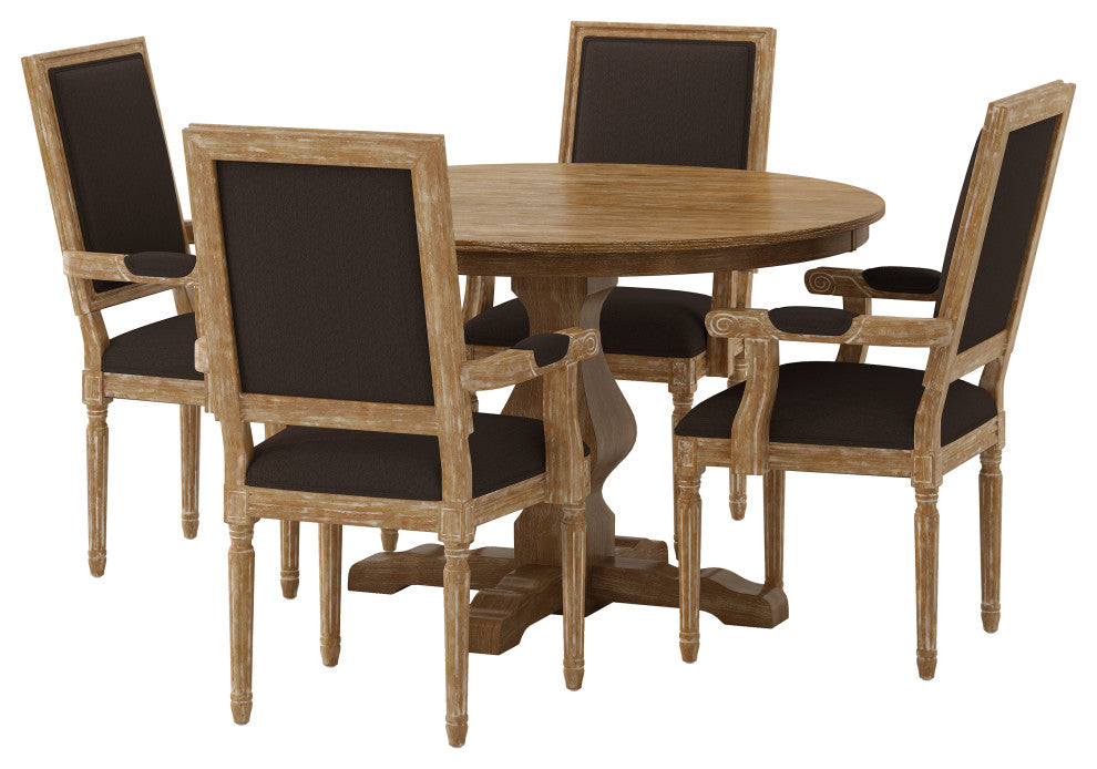 Joretta French Country Fabric Upholstered Wood 5-Piece Circular Dining Set, Natural/Brown