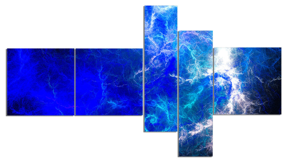 Blue Sparkling Lightning, Abstract Canvas art print, 60"x32", 5 panels