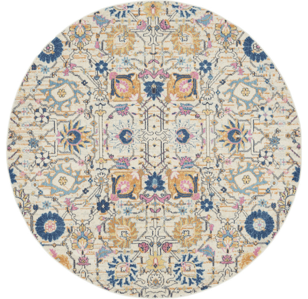 8' Cream Round Floral Power Loom Area Rug