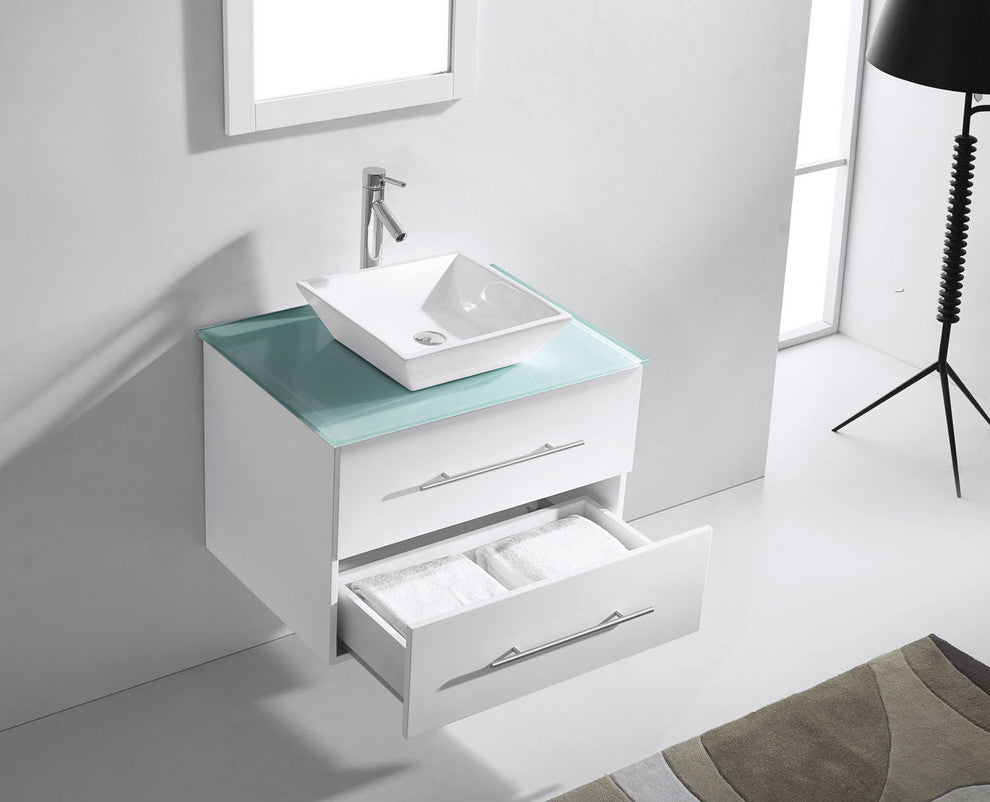 Virtu Marsala 29" Single Bathroom Vanity, White, Brushed Nickel Faucet, Mirror