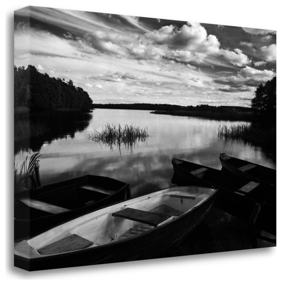 Black and White Boats on Lake 2 Giclee Wrap Canvas Wall Art