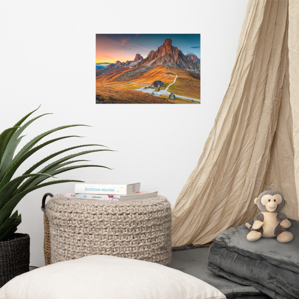 Sunset at Alpine Mountain Pass Rural Landscape Photo Wall Art Print, 12" X 18"