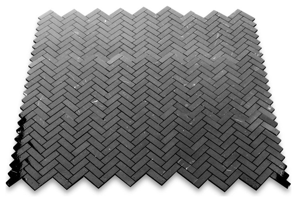 Nero Marquina Black Marble 1x3 Herringbone Mosaic Tile Polished, 1 sheet