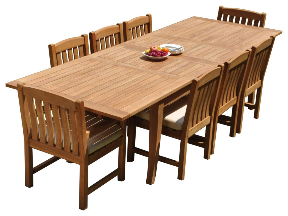 9-Piece Outdoor Teak Set: 122" X-Large Rectangle Extension Table, 8 Devon Chairs