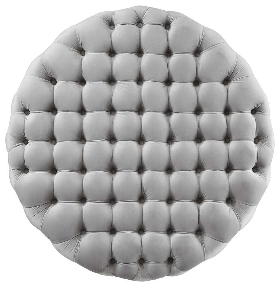 Amour Tufted Button Large Round Performance Velvet Ottoman - Light Gray...