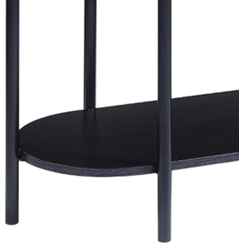 Benzara BM275489 Oblong Console Table, Rattan Apron Accent, Metal Legs, Black