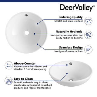 White Ceramic Circular Bathroom Vessel Bathroom Above Counter Sink With Overflow