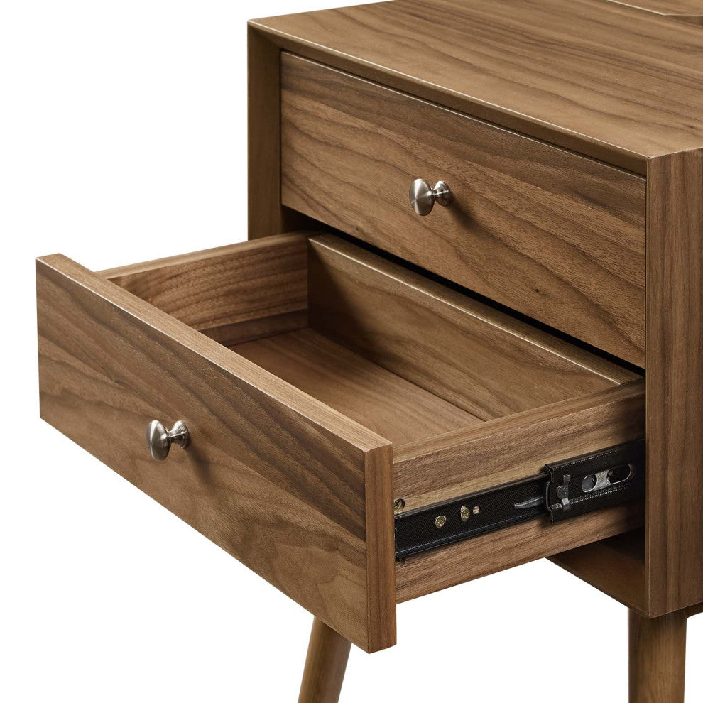 Nightstand Side End Table With USB, Wood, Brown Walnut, Modern Living Room