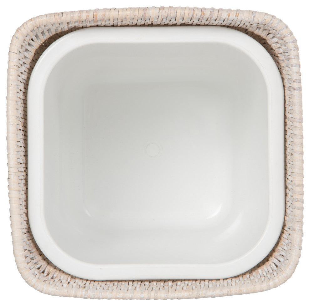 Rattan Square Waste Basket, Lid, Plastic Insert, White-Wash
